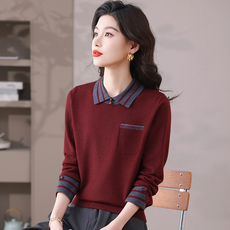 Doll Collar Knitted Wool Sweater for Women, New Spring and Autumn Loose Turn-Down Collar Base Shirt, Fashionable Big Brand Age-Reducing Sweater for Outerwear