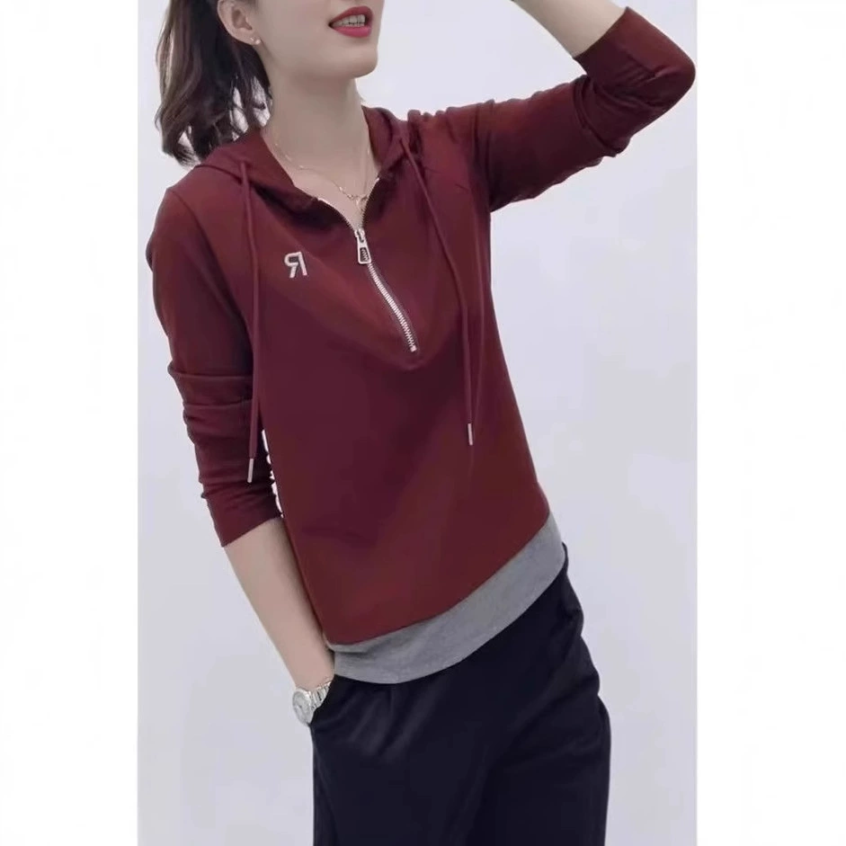 Иностранные буквы с капюшоном Половина молнии вышивка с длинными рукавами рубашка с капюшоном новая осенняя мода тонкая корейская топ женская