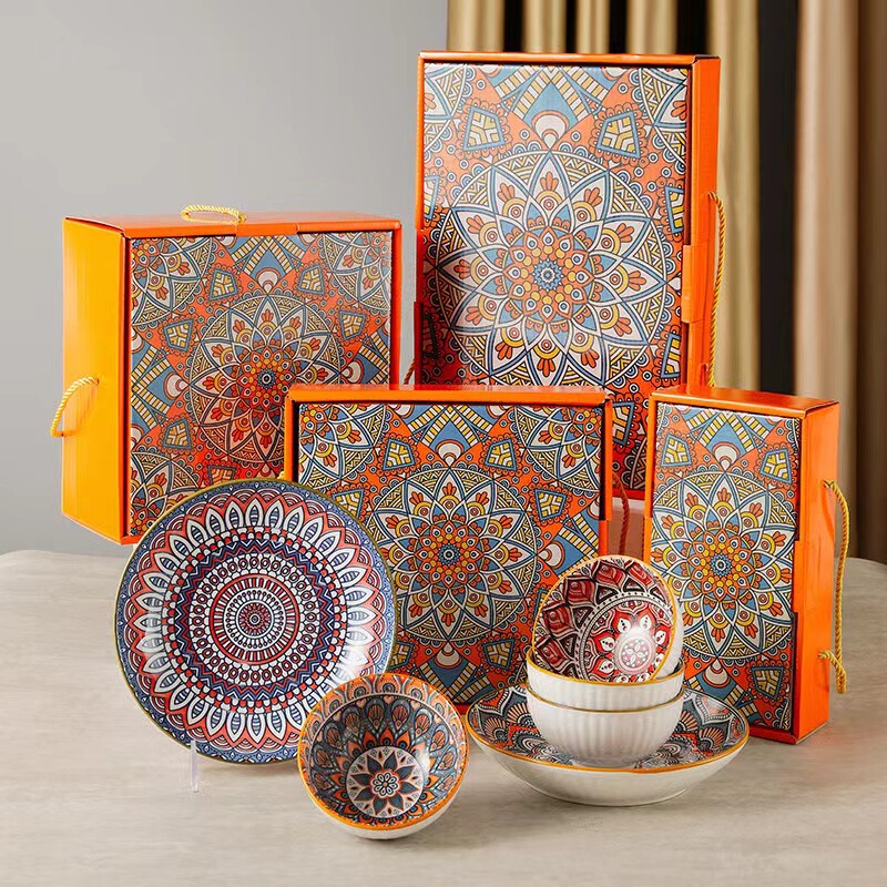 Cross-border bohemian ceramic tableware suit Bowl plate tableware gift box advertising promotion free gift opening gift