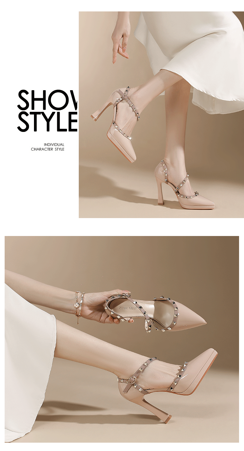 Sandal cao gót nữ đinh tán mũi nhọn gót 9 cm — Màu đen chi tiết 5