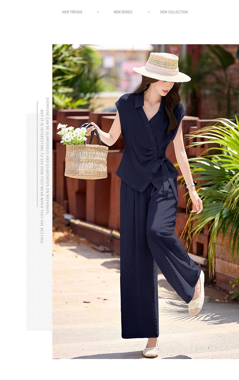Bộ quần áo nữ hai mảnh gồm áo sơ mi eo thon và quần ống rộng, thiết kế thanh lịch mùa hè 2026 — Xanh lông mòng đen, màu mơ chi tiết 12
