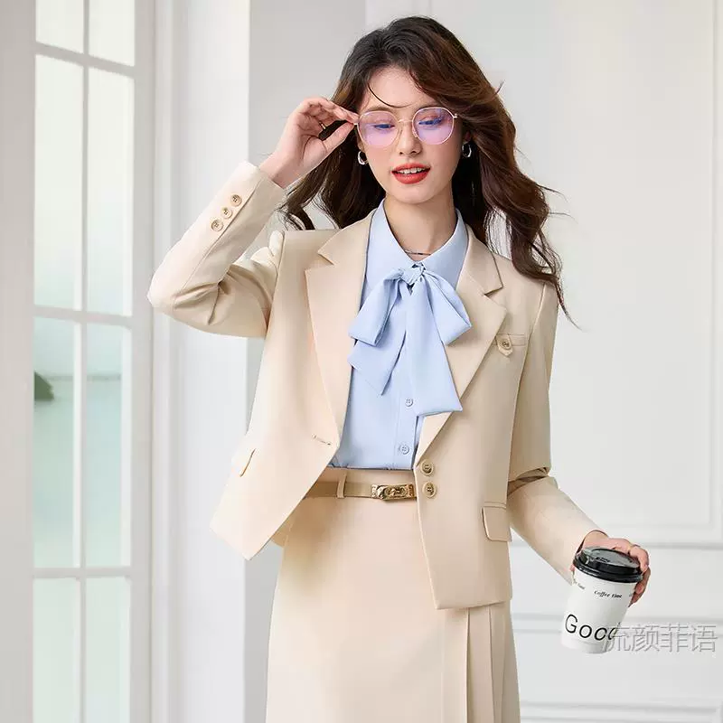 杏色小个子西装外套女高级大学生教师公务员公考面试套装通勤正装