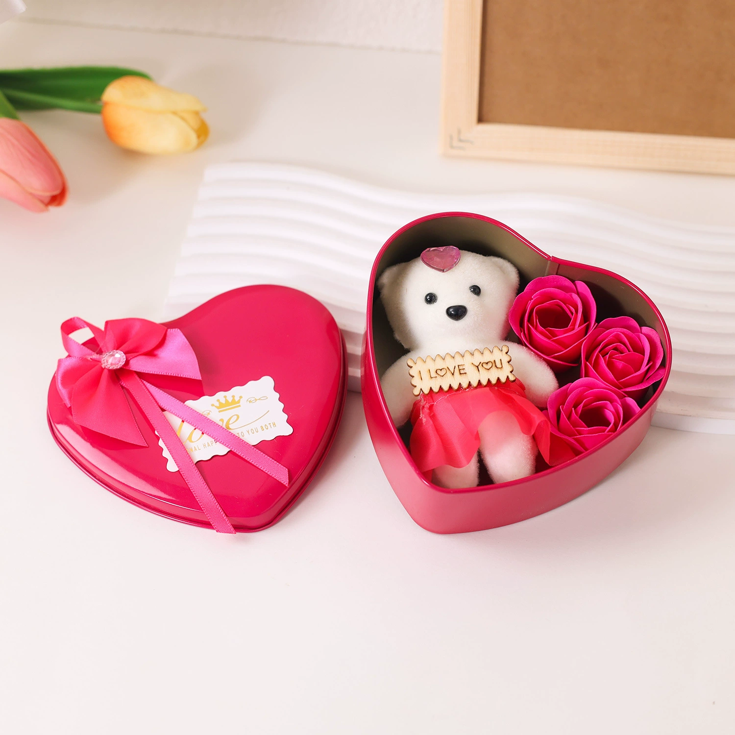 Tin box, soap for St. Valentine's Day contains rose, Birthday gift