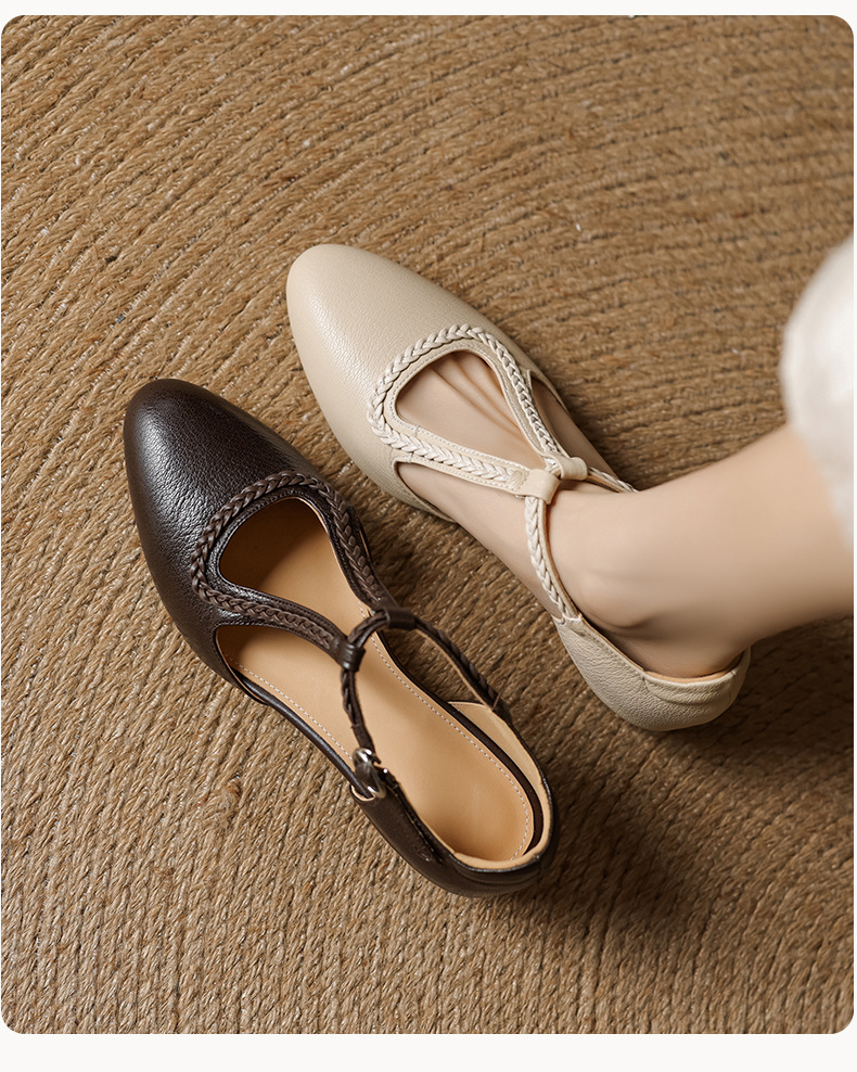 Sandal nữ quai ngang mũi nhọn da cừu đế xuồng gót 4.5 cm — nâu chi tiết 9