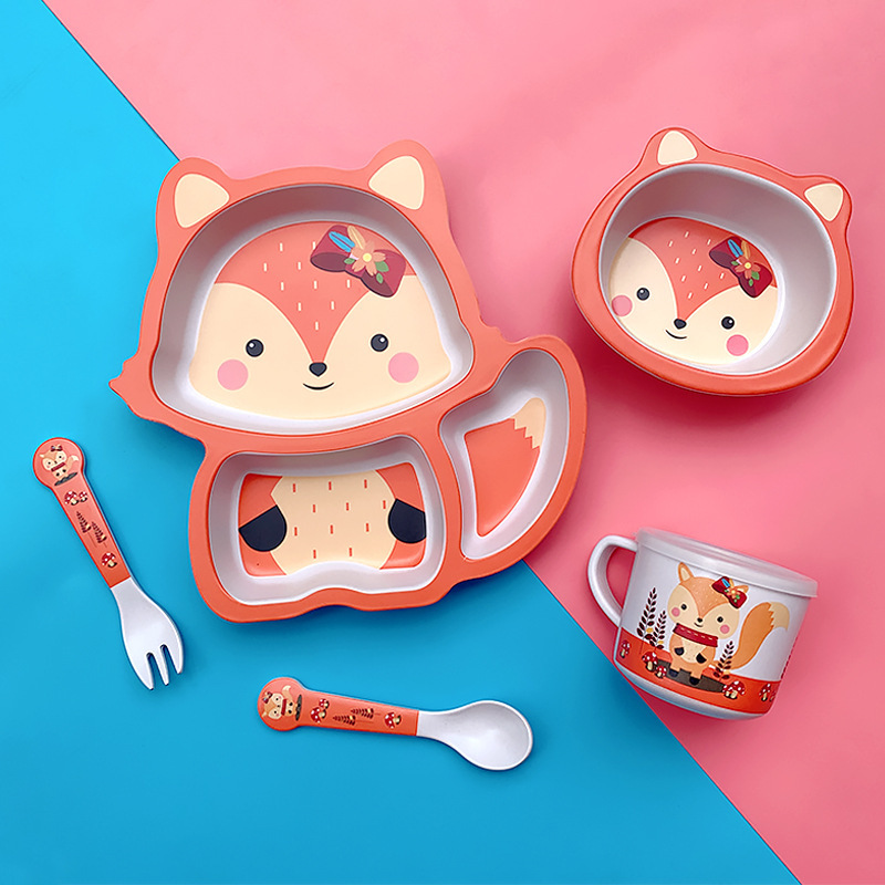 Bamboo fiber cartoon children's tableware suit baby grid plate children's food supplement bowl spoon Fork anti-scald Bamboo fiber cartoon children's tableware suit baby grid plate children's food supplement bowl spoon Fork anti-scald