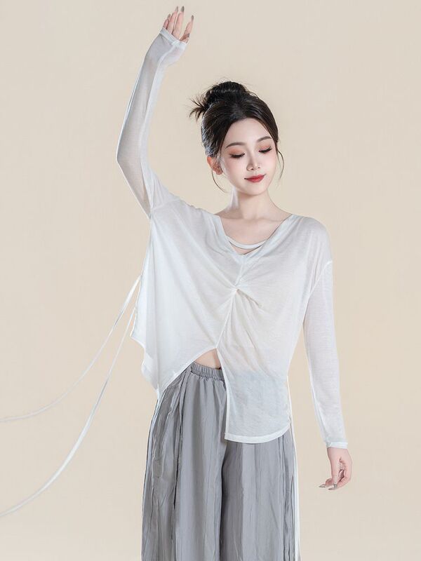 Modern Dance Practice Clothing, Loose-Fitting Cover-Up, Chinese Dance Performance Outfit, Long-Sleeve Top for Dance Students
