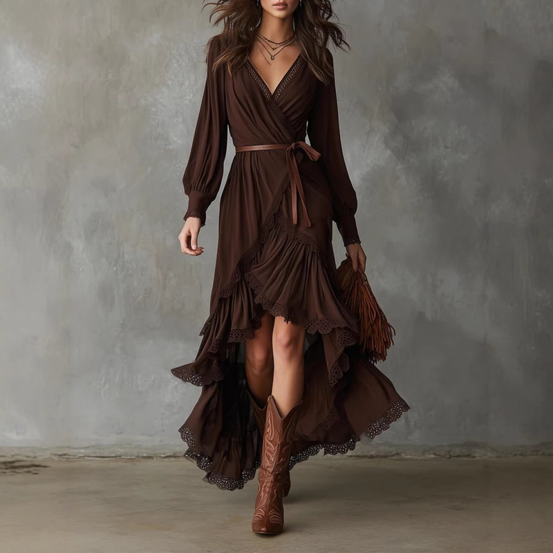 2026 Spring and Autumn European and American Bohemian Style Asymmetrical Dress Long-Sleeved V-Neck Lace Tail Dress