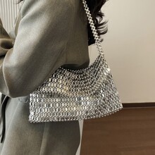 欧美时尚闪亮扁瓜子珠子编织包大容量手提腋下翻盖女包约姿休闲