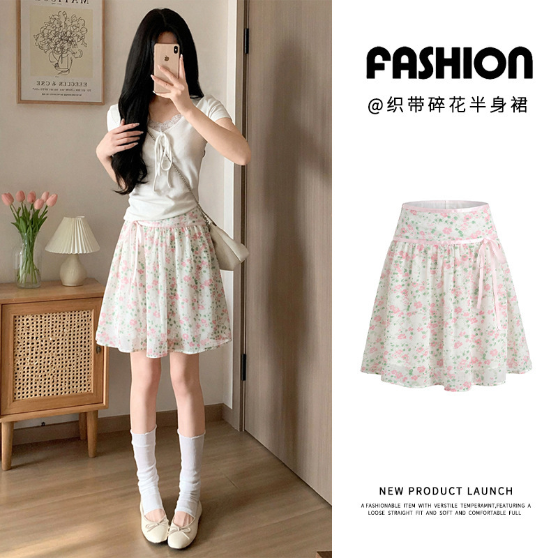 Ballet-Style Fresh and Sweet Floral Chiffon Skirt for Women, High-Waisted Slimming Tie-Up Princess Skirt