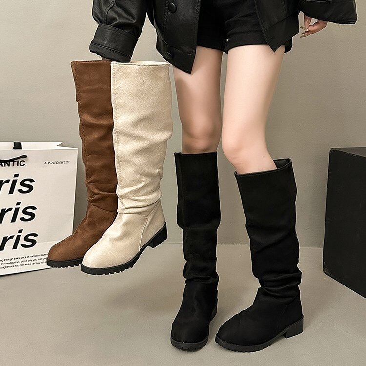 Cross-Border Plus-Size Slouchy Boots for Women, Vintage Suede Boots, New Summer Style, Chunky Heel, Round Toe, Mid-Calf Length Boots, Trendy Cross-Border Plus-Size Slouchy Boots for Women, Vintage Suede Boots, New Summer Style, Chunky Heel, Round Toe, Mid-Calf Length Boots, Trendy