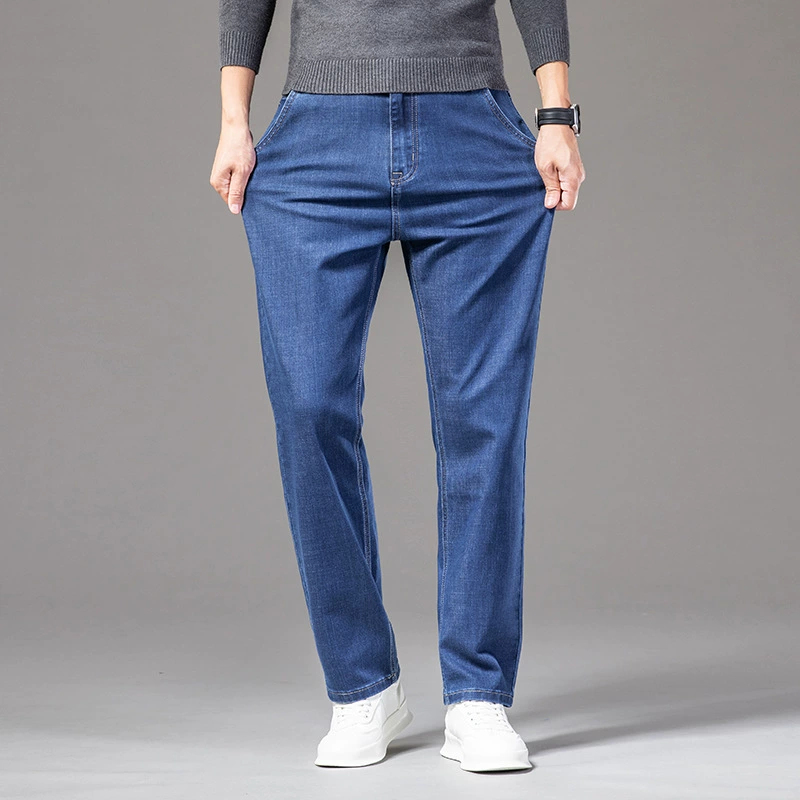 Elite demi-season loose straight jeans, blue casual trousers for leisure, loose fit, autumn