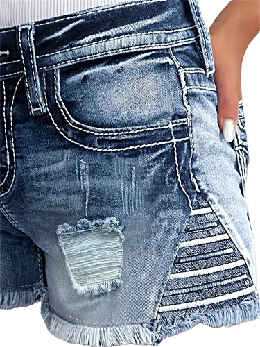 Women'S Ripped Denim Shorts Stars Embroidered Stretch Jeans