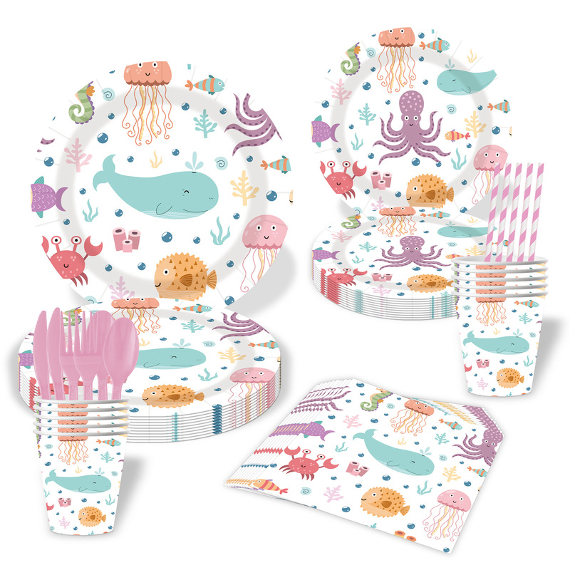 Ocean-Themed Party Children's Birthday Party Disposable Tableware Paper Plates Paper Cups Paper Towels Knife Fork Spoon Straw Set