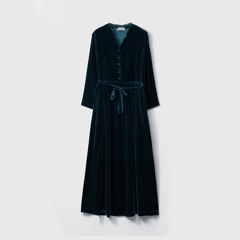 Silk Velvet V-neck Half Placket Lace-up Waisted Silk Mid-length dress Spring Mulberry Silk Skirt