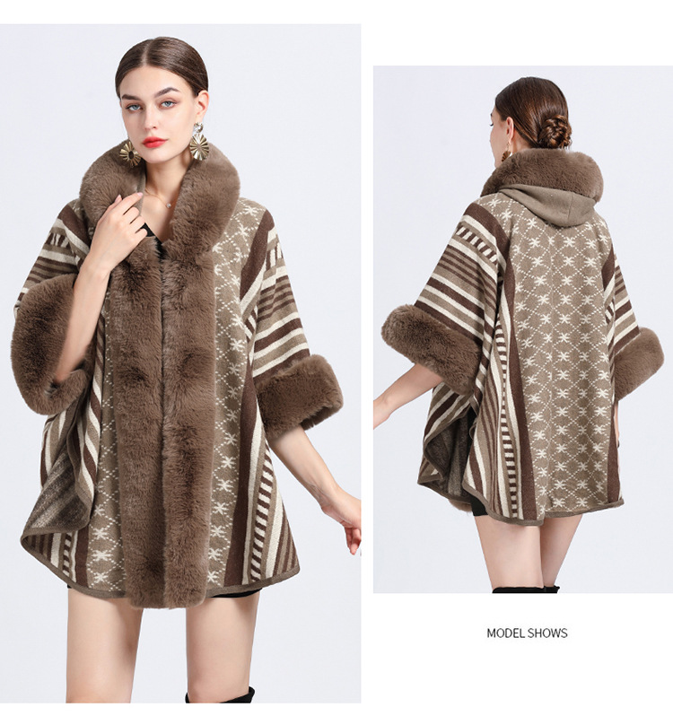 Mantella collo pelliccia grande taglia jacquard cardigan maglione cappotto donna_voghion.com