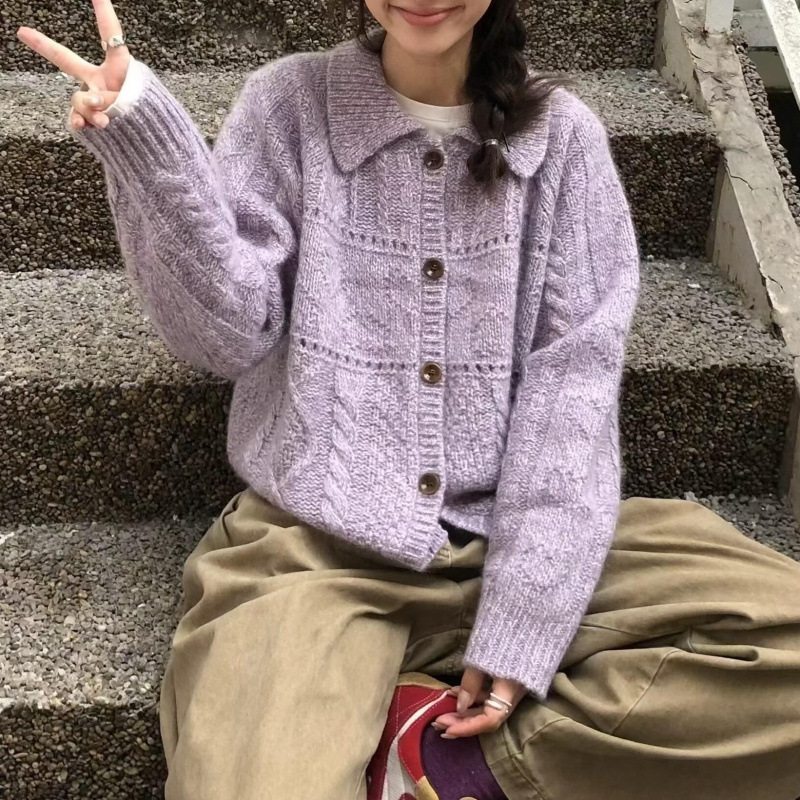 韩系复古花纱翻领针织开衫女2025新款秋款简约百搭温柔风外搭毛衣|undefined
