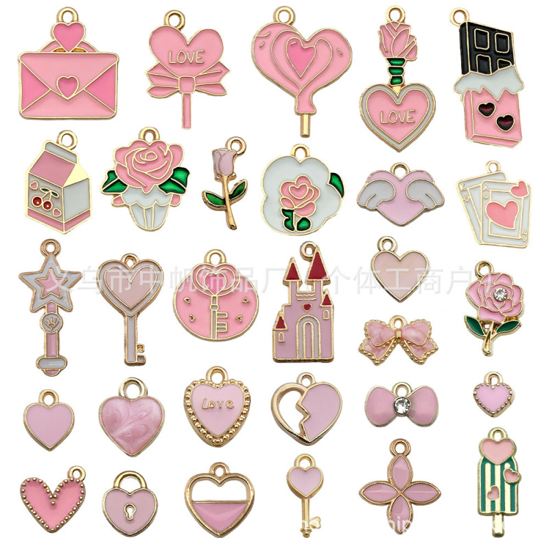 Mixed Set of 30 Pink Valentine's Day Series Heart Key Pendants DIY Bracelet Necklace Charms Cross-Border Jewelry Accessories