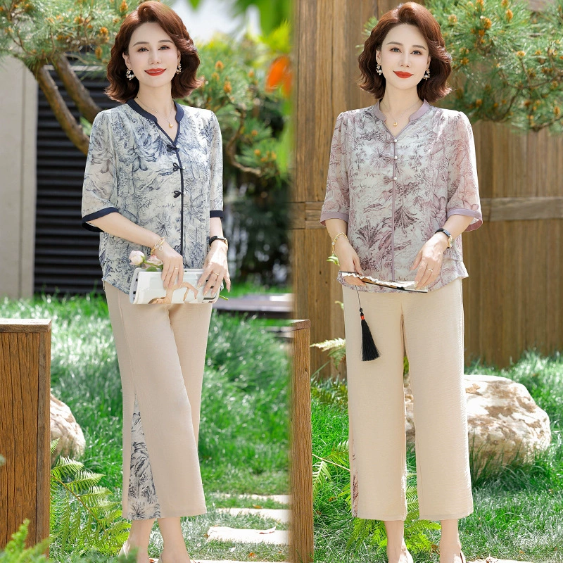 Мама одеваются летом, два комплекта, 50-60 лет, день матери, летняя цветочная рубашка