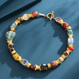 厂定制高温陶瓷珠拼接天然水晶欧美项链女气质项链多色拼接锁骨链