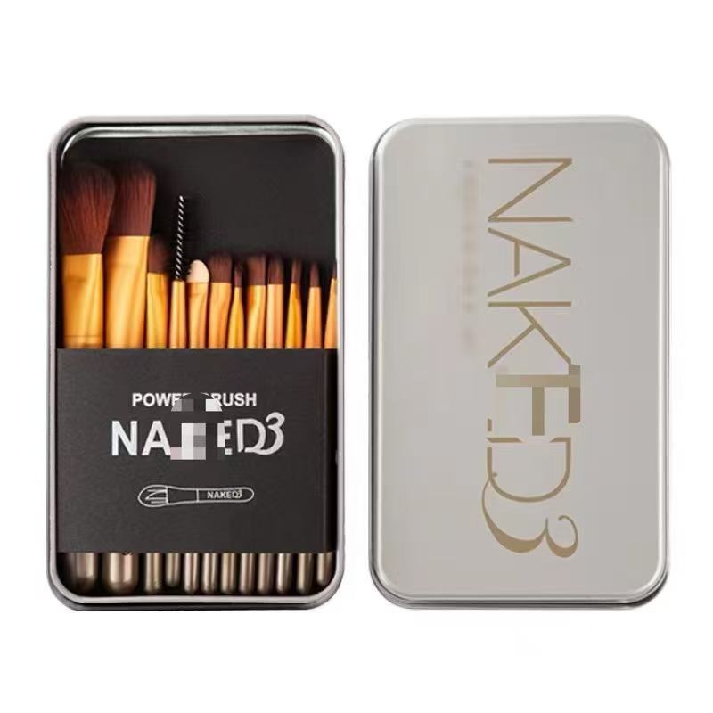 Juego de brochas de maquillaje de 12 piezas en caja de hierro, juego portátil de nivel básico, juego de brochas de maquillaje de nailon multifuncional y portátil