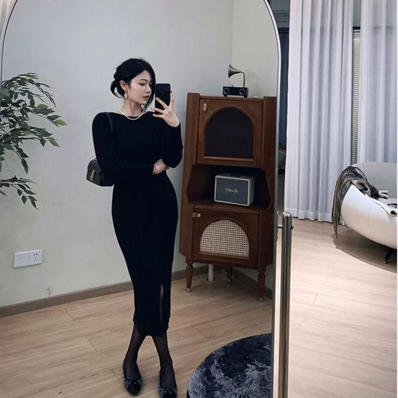 针织连衣裙女秋冬新款圆领百搭修身洋气开叉打底毛衣过膝内搭长裙|undefined