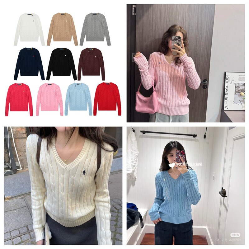 Classic Pure Cotton Knit V-Neck Cable Sweater with Embroidered Pony Logo, Long-Sleeve Jacket for Women, Available in Plus Sizes for Spring and Autumn