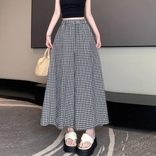 春季新款跨境外贸松紧腰宽松阔腿裤大摆喇叭裤休闲格子裤女山本裤