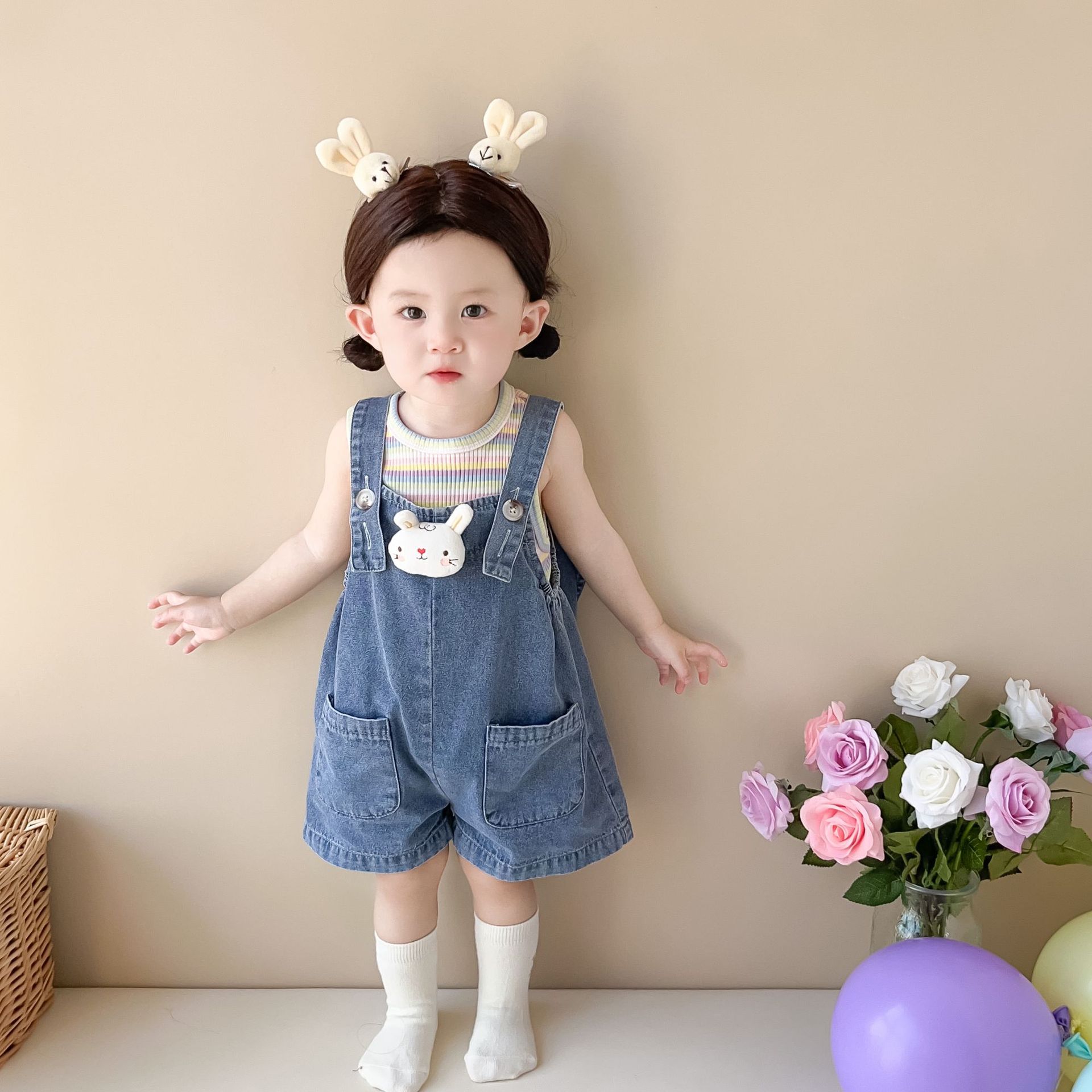 女童套装夏季婴幼儿韩版彩色针织背心可爱兔子背带短裤婴童两件套