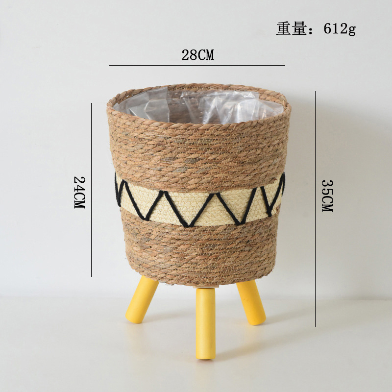 Decoración nórdica tipo piso estante de flores plantas de paja trenzadas cestas de flores de caña trenzadas maceta de loto verde balcón sala de estar estante de maceta