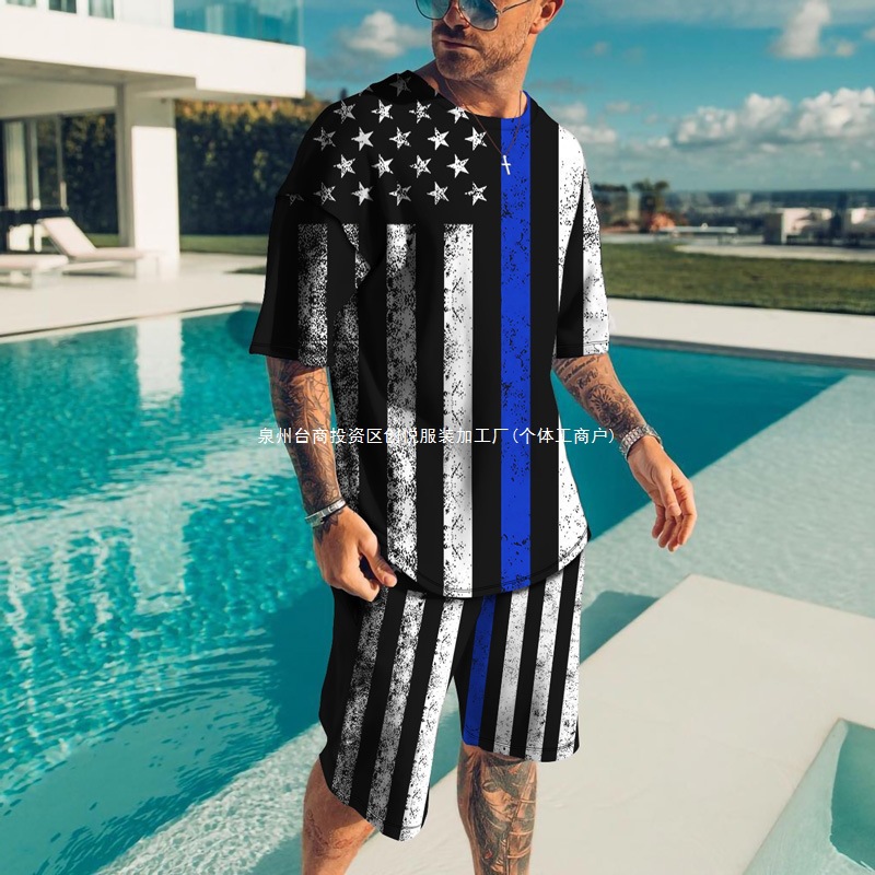 印花男士厂家直销新款货源国旗跨境3D短裤套装美国休闲短袖t恤