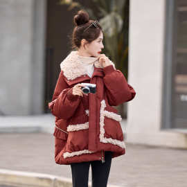 小香范仿羊羔毛拼接羽绒服女2025冬新款巨好看的红色加厚保暖外套