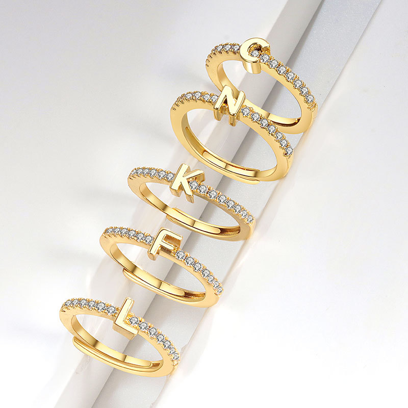 (Трансграничная торговля), кольцо с буквами с цирконом, 26 шт, английские буквы, простой и элегантный дизайн, золото 750 пробы, микроинкрустация, оптовые продажи