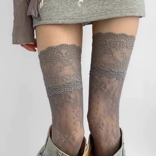 Spring and Summer Sweet Girl Japanese Style Jk White Over-The-Knee Stockings Lace Socks Lace Sexy Cut Out Ultra-Thin Japanese Style Style