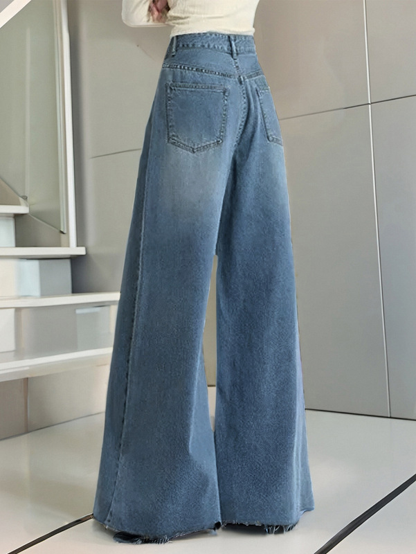 女性用ハイウエストブルーワイドレッグパンツ、ハイウエストルーズデニムパンツ、人気のストレートレッグ、大きな裾のデザインでスリムに見えます。|undefined