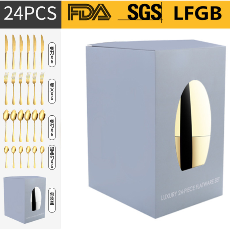 Amazon transfronteriza suministro de humor huevo vajilla de acero inoxidable Juego de 24 piezas 4 piezas principales caja de regalo Cuchillo de comida occidental, tenedor y traje de cuchara