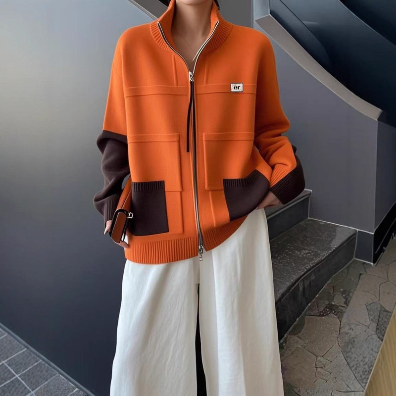 Cross-Border Sweater New Style Autumn and Winter 2025 Thickened Unique Color-Block Pocket Loose Knit Cardigan Sweater with Zipper