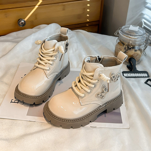 Autumn Little Princess Boots, Korean-Style Butterfly Girl Leather Boots, All-Match Fashion Martin Boots, Solid-Color Girls' Boots, Single-Layer Liner