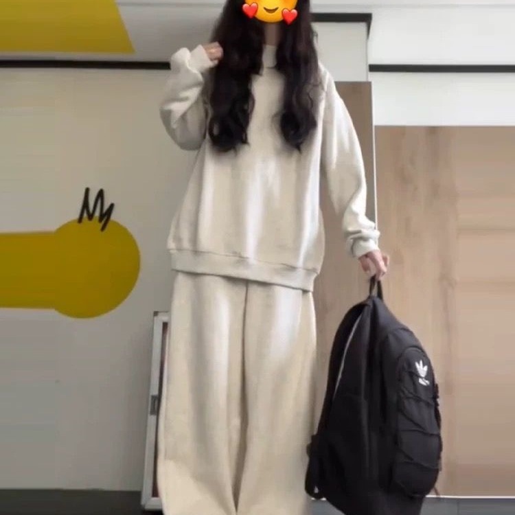 秋冬新款加绒加厚保暖卫衣套装女简约百搭大码宽松休闲运动两件套|undefined