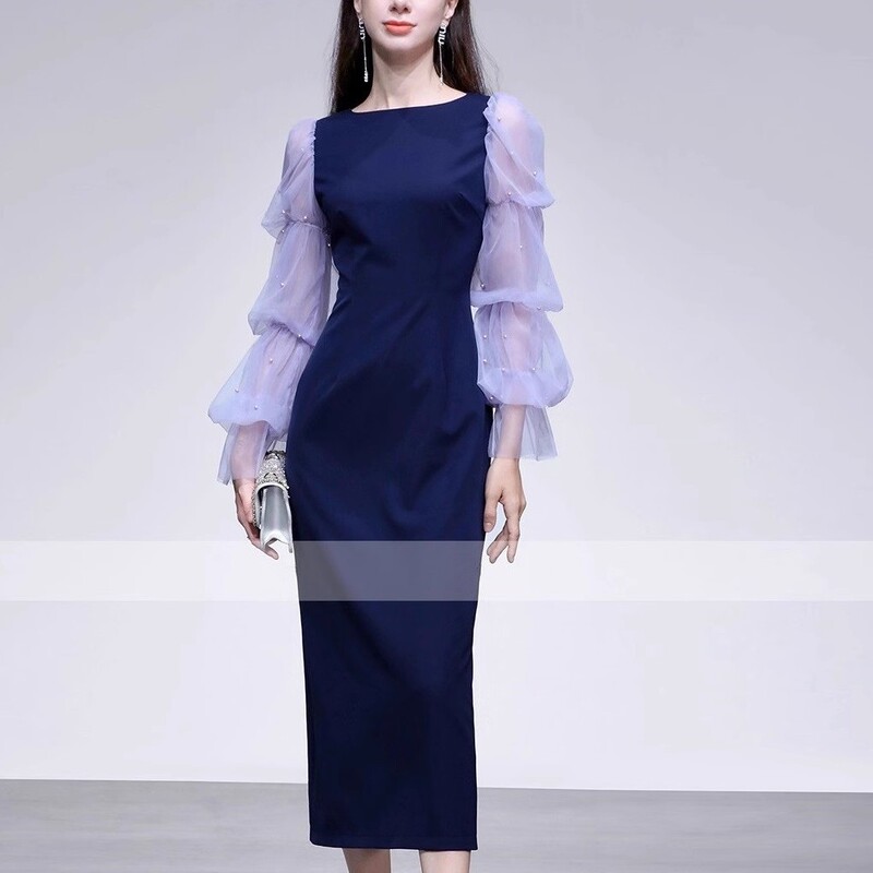 2025 New Autum Round Neck Multi-Layer Mesh Beaded Lantern Sleeves Waist Straight Long Dress Hip-Hugging Skirt 2025 New Autum Round Neck Multi-Layer Mesh Beaded Lantern Sleeves Waist Straight Long Dress Hip-Hugging Skirt
