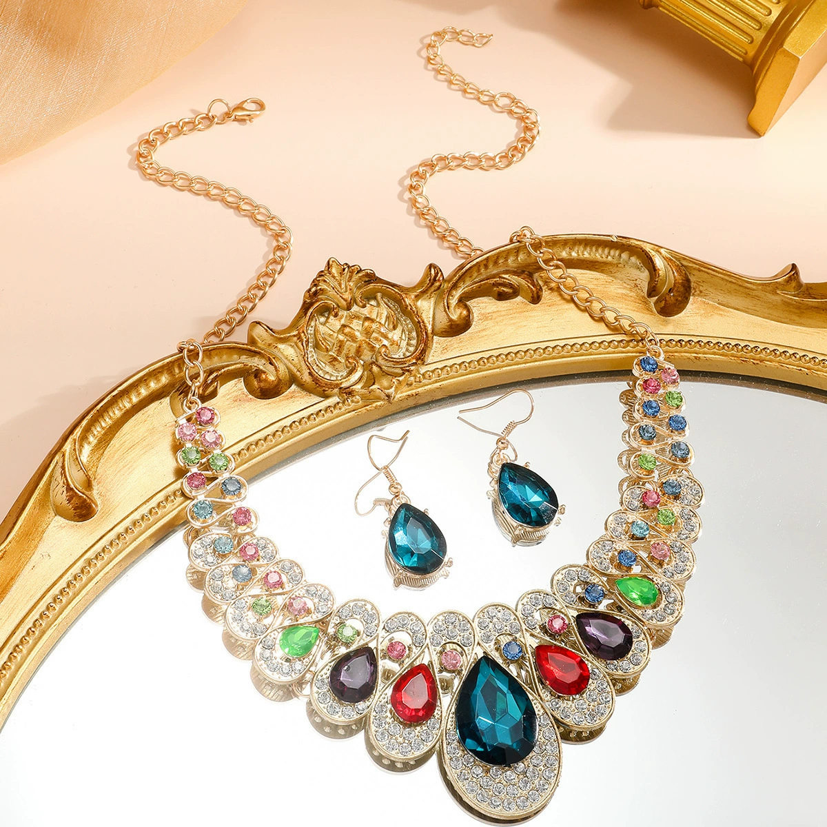 Fashionable metal collar, necklace and earrings, set, European style, with gem