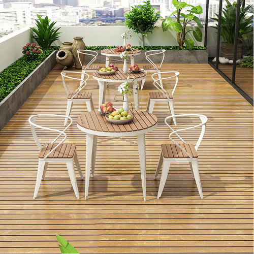 Iron Outdoor Table and Chair Courtyard Barbecue Table Waterproof Sunscreen Balcony Casual Dining Table and Chair Plastic Wood Outdoor Table and Chair Combination 
