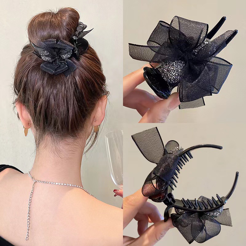 Black gauze bow hair clip bun hair clip disc hair artifact Women's Korean clip headdress hair clip clip hair clip clip clip