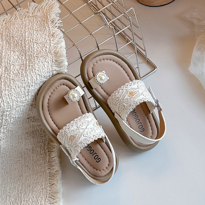 Sandalen met parelaccenten voor meisjes | Zachte bandjes en verstelbare klittenbandsluiting | Antislipzool voor strandplezier en dagelijks gebruik_voghion.com