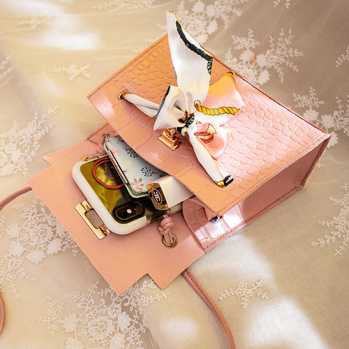 Stone-patterned mini bag with stylish silk scarf  
Women's shoulder/crossbody bag featuring a casual lock-and-buckle design