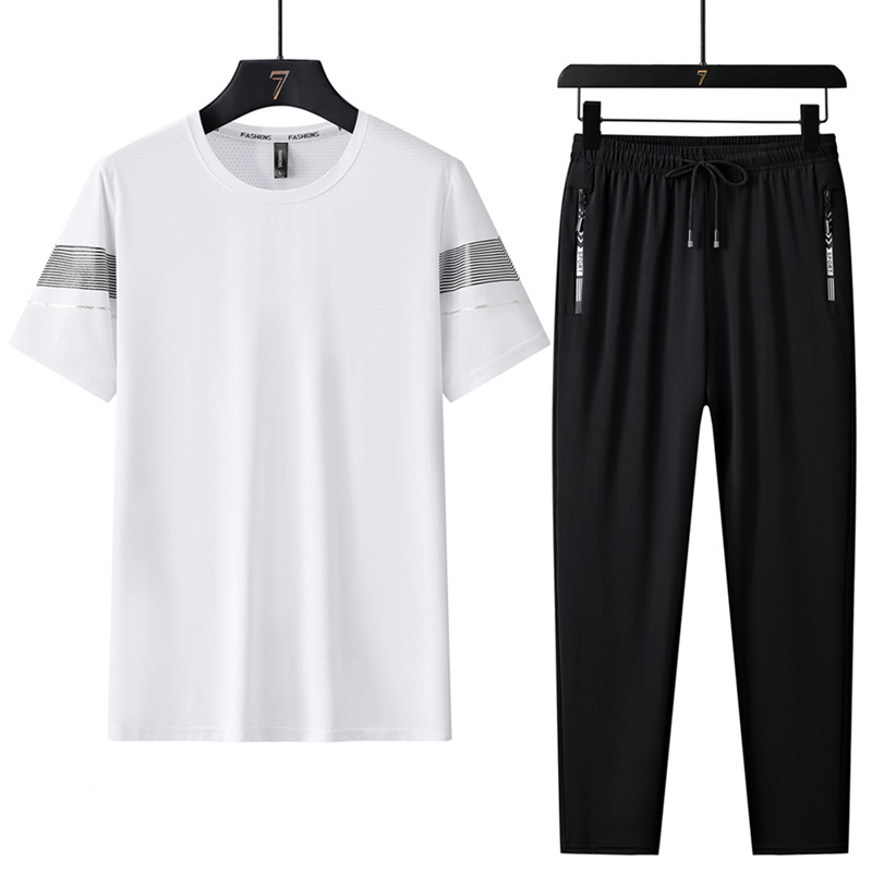 Trajes deportivos de seda de hielo de verano para hombres, mangas cortas, pantalones cortos, pantalones largos, carreras casuales, secado rápido, delgado, conjunto de tres piezas al por mayor