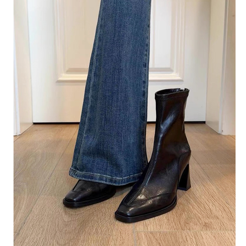 Horsehide Version ~ Korean Style High-Heeled Square-Toe Slim Boots, Short Boots for Women, Thick-Heeled Retro Boots, British Style Short Boots