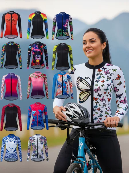European and American style cross-border butterfly print long-sleeve cycling jersey for women, slim fit, quick-drying, breathable, suitable for road cycling, spring and summer collection