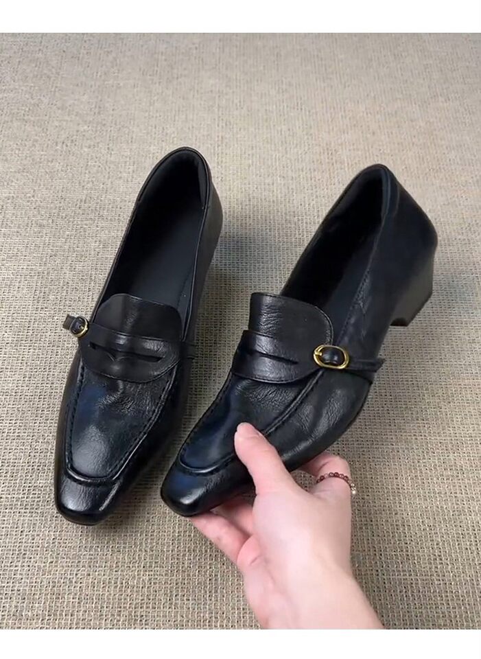 Giày lười nữ da bò mũi vuông gót thô 4 cm phong cách retro, khóa cài, giày công sở xỏ chân — Màu nâu (4cm) hàng có sẵn, Màu đen (4cm) hàng có sẵn chi tiết 8