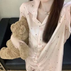 工場卸売ピンクストライプ子猫 2025 新しい人気の半袖ショーツツーピースホーム服セット
