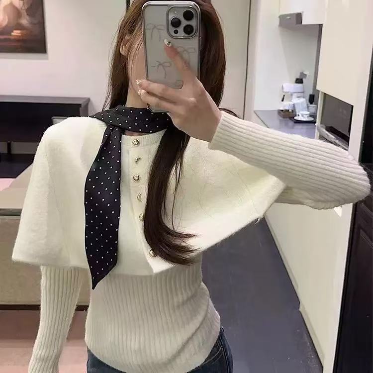 Elegant and Atmospheric Shawl Sweater for Women, Autumn and Winter Fashion Knitted Base Shirt with Silk Scarf Two-Piece Set, Short Princess Top